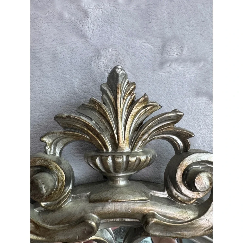Vintage Ornate Oval Mirror Antique Silver Italy Baroque Scrollwork 18.5x11.5